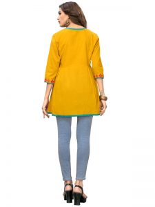 Musterd Yellow Cotton Embroidered Kurti