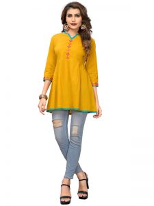 Musterd Yellow Cotton Embroidered Kurti