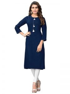 Navy Blue Rayon Plain & Hand Work Kurti