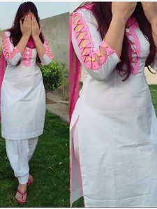 Trendy White Cotton Aline Semi stitched Suit