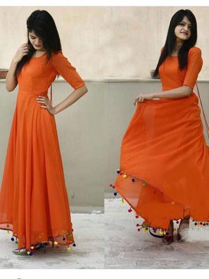 Fashionable Orange Color Semistitched Dress Material In Georgette Fabric