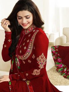 Embroidered Red Color Semistitched Straight Dress Material In Georgette Fabric