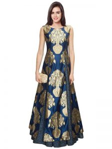 Printed Blue Color In Taffeta Silk Fabric Gown