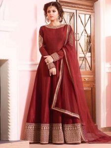 Red Color Semistitched Anarkali Suite In Bhagalpuri Silk Fabric