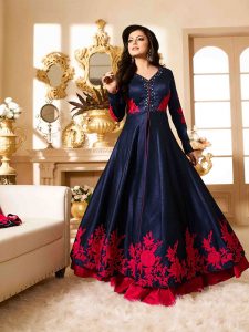 Blue Color Semistitched Anarkali Suite In Banglori Silk Fabric