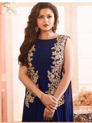 Navy Blue Color Semistitched Salwar Suite In Georgette Fabric