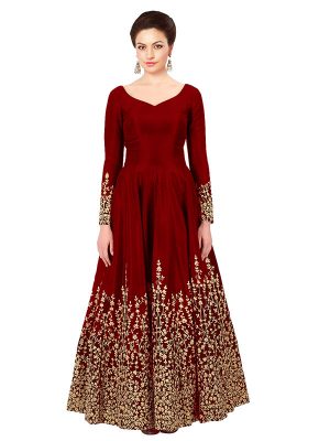 Red Color Semistitched Anarkali Suite In Taffeta Silk Fabric