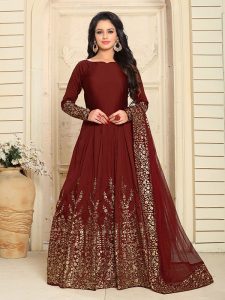 Maroon Color Semistitched Anarkali Suite In Taffeta Silk Fabric