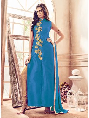Sky Blue Color Semistitched Salwar Suite In Banglori Silk Fabric