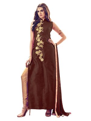 Brown Color Semistitched Salwar Suite In Banglori Silk Fabric
