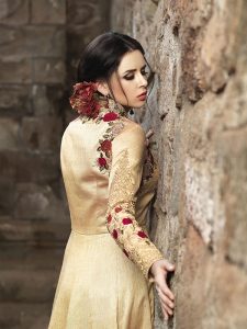 Cream Color Semistitched Anarkali Suite In Banglori Silk Fabric