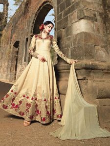 Cream Color Semistitched Anarkali Suite In Banglori Silk Fabric