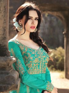 C Green Color Semistitched Anarkali Suite In Heavy Banglori Silk Fabric