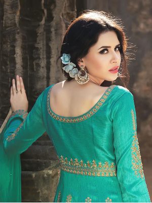 C Green Color Semistitched Anarkali Suite In Heavy Banglori Silk Fabric