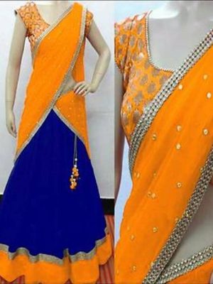 Women'S Blue Bhagalpuri Lehenga Choli (Yellow_Net_Free_Size)
