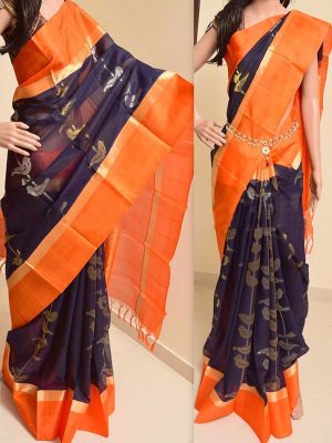 New Latest Designer Black & Orange South Silk Indian Saree