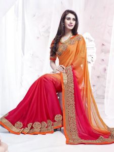 New Designer Embroidered Red & Orange Color Saree In Georgette Fabric