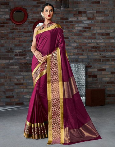 Maroon Cotton saree with Woven Gold Temple Border – Amrapali Boutique