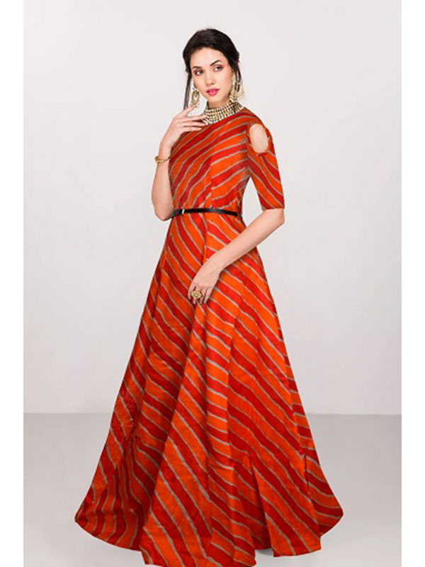 Shibori Printed Designs On Cotton Fabric Party Wear Beatific Gown In Orange  Color