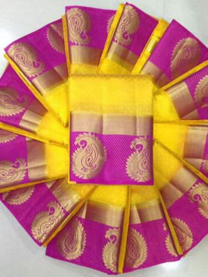 Traditional Designer Mango Yellow & Pink Colour Kanjivaram Silk Saree