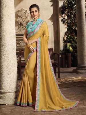 Yellow Georgette Silk Party Wear Lace Border Work Saree