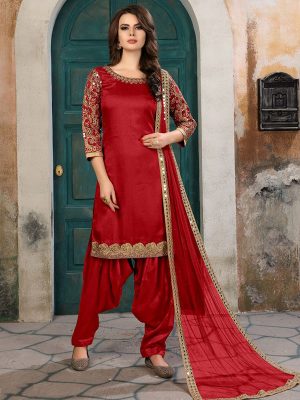 Red Art Silk Party Wear Heavy Embroidery Work Patiala Style