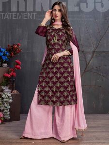 Wine Georgette Satin Festival Wear Antique Badla Tar Work Palazzo Suit