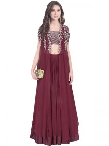 Wine Georgette Silk Embroidery Work Ridhi Mehra Designer Lehenga