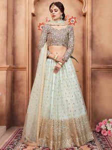 Pista Green Net Reception Wear Sequence Work Lehenga Choli