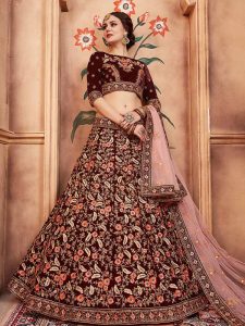 Maroon Velvet Reception Wear Resham Work Lehenga Choli