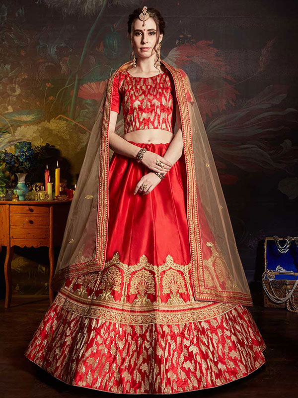 Buy Red Banarasi Silk Zari Work Umbrella Lehenga Choli Festive Wear Online  at Best Price | Cbazaar