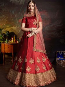 Red Satin Wedding Wear Zari Embroidery Work Lehenga Choli