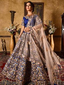 Blue Silk Wedding Wear Resham Work Lehenga Suit