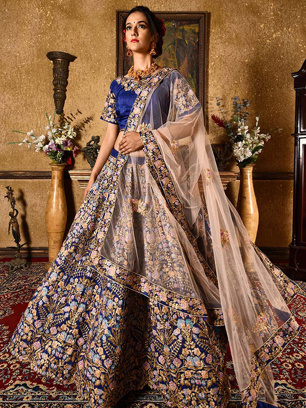 Shop Online Aqua Blue Georgette Embroidered and Resham Work Lehenga Choli  for Reception : 274256 -