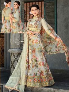 Grey Organza Party Wear Digital Print Lehenga Choli