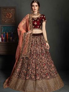 Maroon Velvet Bridal Wear Embroidery Work Lehenga Choli