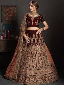 Maroon Velvet Bridal Wear Embroidery Work Lehenga Choli