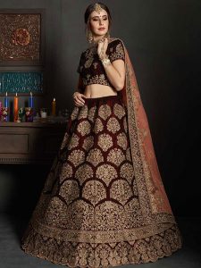 Maroon Velvet Bridal Wear Embroidery Work Lehenga Choli