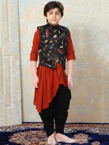 Red Rayon Fstival Wear Printed Work Kids Kurta Pajama