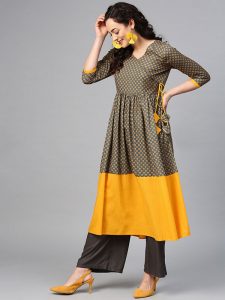 Women Green & Mustard Yellow Printed Angrakha A-Line Kurta