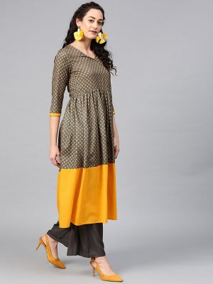 Women Green & Mustard Yellow Printed Angrakha A-Line Kurta