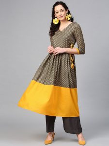 Women Green & Mustard Yellow Printed Angrakha A-Line Kurta