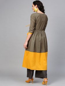 Women Green & Mustard Yellow Printed Angrakha A-Line Kurta