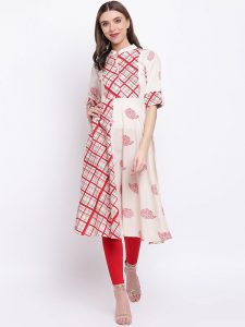 Women White & Red Printed A-Line Kurta