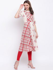 Women White & Red Printed A-Line Kurta