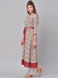 Women Beige Printed A-Line Kurta