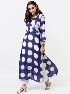 Women Blue & White Dyed A-Line Kurta