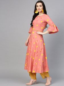 Women Peach-Coloured & Yellow Printed A-Line Kurta