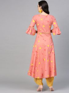 Women Peach-Coloured & Yellow Printed A-Line Kurta