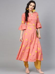 Women Peach-Coloured & Yellow Printed A-Line Kurta